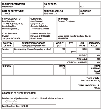 Obligatorisk information på Commercial Invoice: Ingen Commercial Invoice krävs för varor som skickas inom Europeiska unionen (EU).