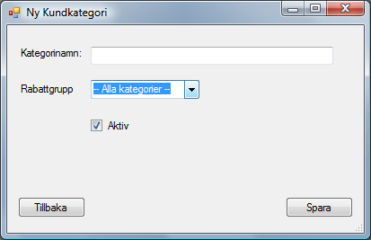 Kategori När du vill registrera kundkategorier väljer du menyn Kunder > Kategori. Du får då upp detta fönster: För att skapa ny klicka på knappen Ny kategori längst ner i det högra hörnet.
