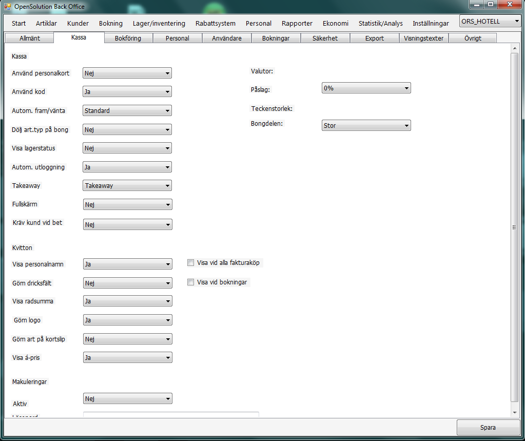 Flik (2) Kassa Här anges specifika inställningar för kassan.