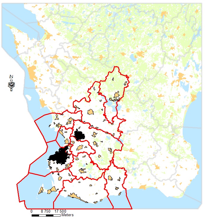 Figur 6 Karta över Stor-Malmö med ingående kommuner markerade i rött. Malmö och Lund tätort markerat med i svart. 5.1.1 Malmö Informationen som presenteras nedan gäller för hela Malmö kommun.