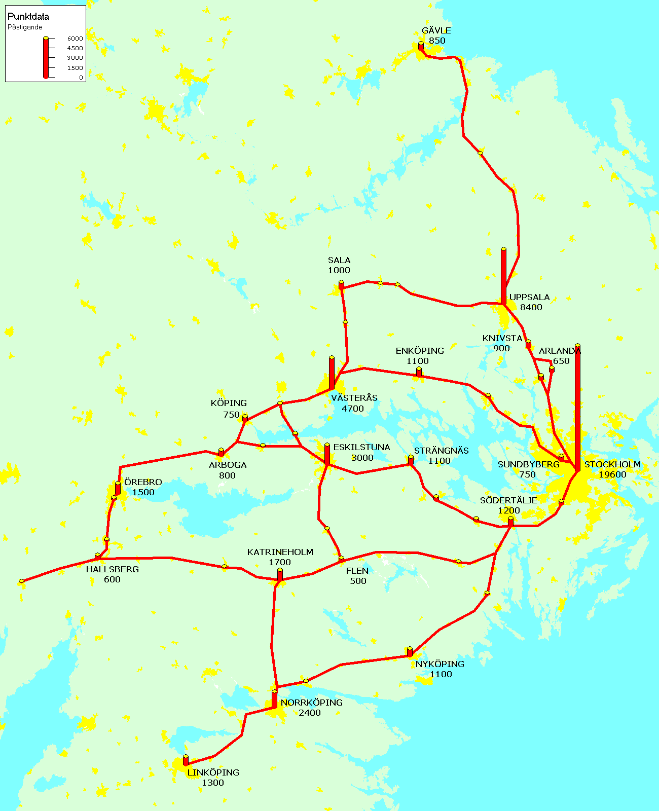 3. Resultat 3.1. Påstigande per station I kartbilden ovan visas antalet resenärer som staplar vid några av de räknade stationerna.