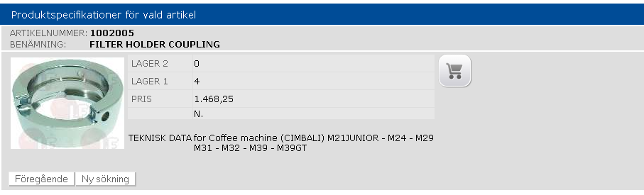 Om man klickar på sökresultaten så får man fram produktspecifikationer, relaterade artiklar, krossreferenser m.m. Pris Man kan lägga till vald artikel för beställning genom att trycka på någon utav varukorgarna.