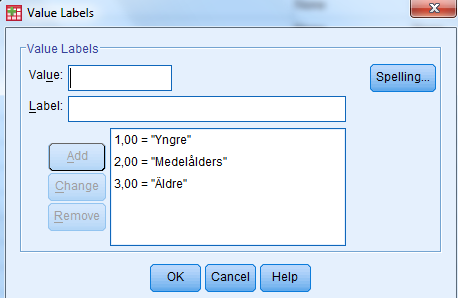 Klicka Continue och OK Du ska nu ha fått en ny variabel där personer upp till 30 år kodats med en 1:a, personer mellan 31-50 med en 2:a och personer 51- med en 3:a.