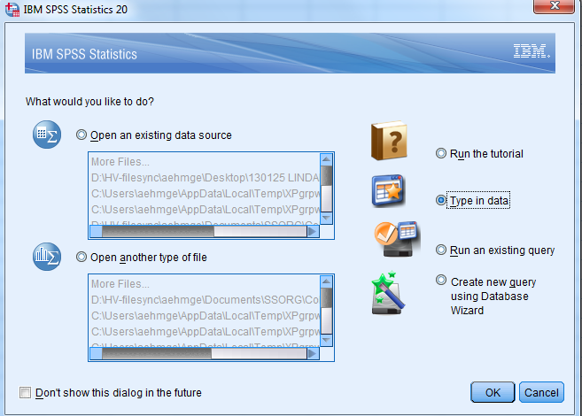 1. Kom igång med inmatning, kodning och datatrixande Starta SPSS genom att välja Start/All Programs/IBM SPSS Statistics/IBM SPSS 20 I den efterföljande dialogrutan talar du om att du tänker mata in