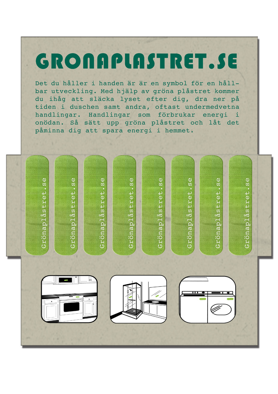 Beskrivning av kampanjen Klistermärken Vid köp av pins tillkommer fem stycken GrönaPlåstret-klistermärken som man kan sätta på energislukande föremål i hemmet som en liten påminnelse, till exempel
