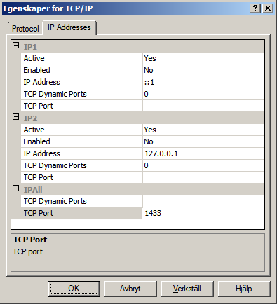 Förberedelser 3) Klicka på fliken [IP Addresses]. Radera värdet som visas i textrutan [IPAll] - [TCP Dynamic Ports].