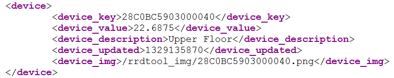 Figur 2.7.1: Utdrag från XML-dokument innehållande temperaturdata av Android-appen. XML-dokumentet hämtas av klienten genom HTTP-Get.