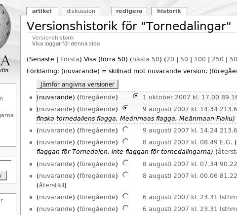 tillbaka den senaste ändringen. Klickar man på länken Historik kommer man till en lista över alla versioner som finns av en viss artikel.