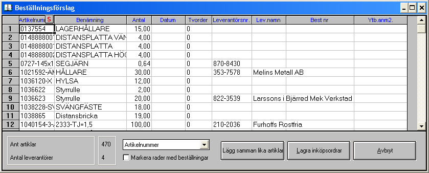 Lager/Inköp Beställningsförslag lagerbeställningarna ändras automatiskt. Beställningsförslag Prodtime kan ta fram ett automatiskt förslag på inköp.