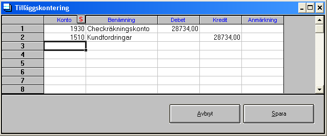 Fakturering Tilläggskontering I den vänstra delen av rutan väljer du betalningsdatum, betalningbelopp och betalningssätt. Dagens datum är förvalt som inbetalningsdatum.