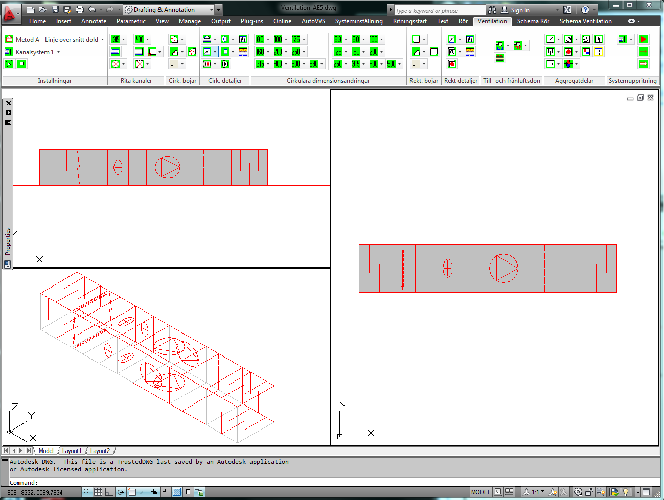 28 Ventilation arbetsexempel 4 DWG-fil: Ventilation-AE5.dwg Exempelbeskrivning: Detta exempel går igenom hur uppritning av 3D-aggregat fungerar.