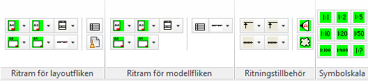 7 Ribbonflik Ritningsstart Symbolskala OBS! Symbolskala måste sättas i varje fil innan man börjar rita med AutoVVS! Ritram för layoutfliken Öppna Ritningsstart och aktivera utskriftsskalan. Dvs.