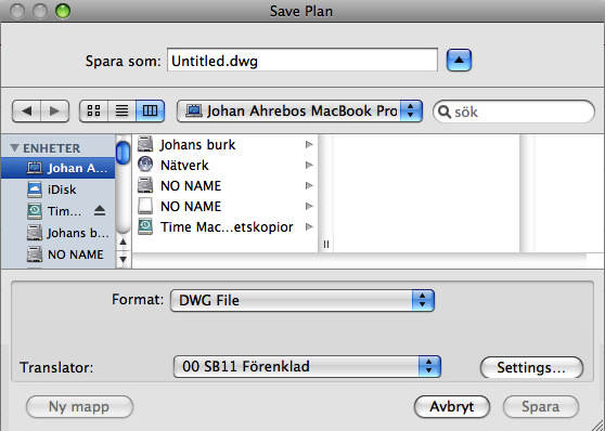 4.2 Dwg ut från ArchiCAD - metoder 4.2.1 Spara som (save as) File > Save as och välj format.dwg samt korrekt Translator (aktiveras när formatet.dwg är valt). Klicka på Spara.