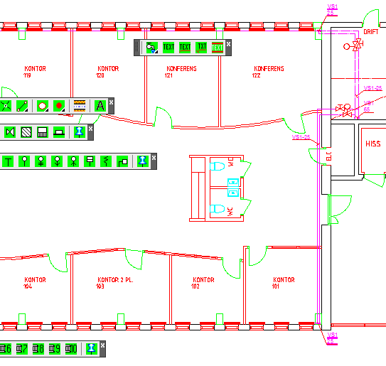 102 Infoga ventiler och stydon på VS1 ledningarna. Klicka på avstängningsventil (röd). Visa insättningsplats och därefter rotation. Klicka på Ventil (blå). Visa insättningsplats och därefter rotation. Komplettera med ventilstyrning.