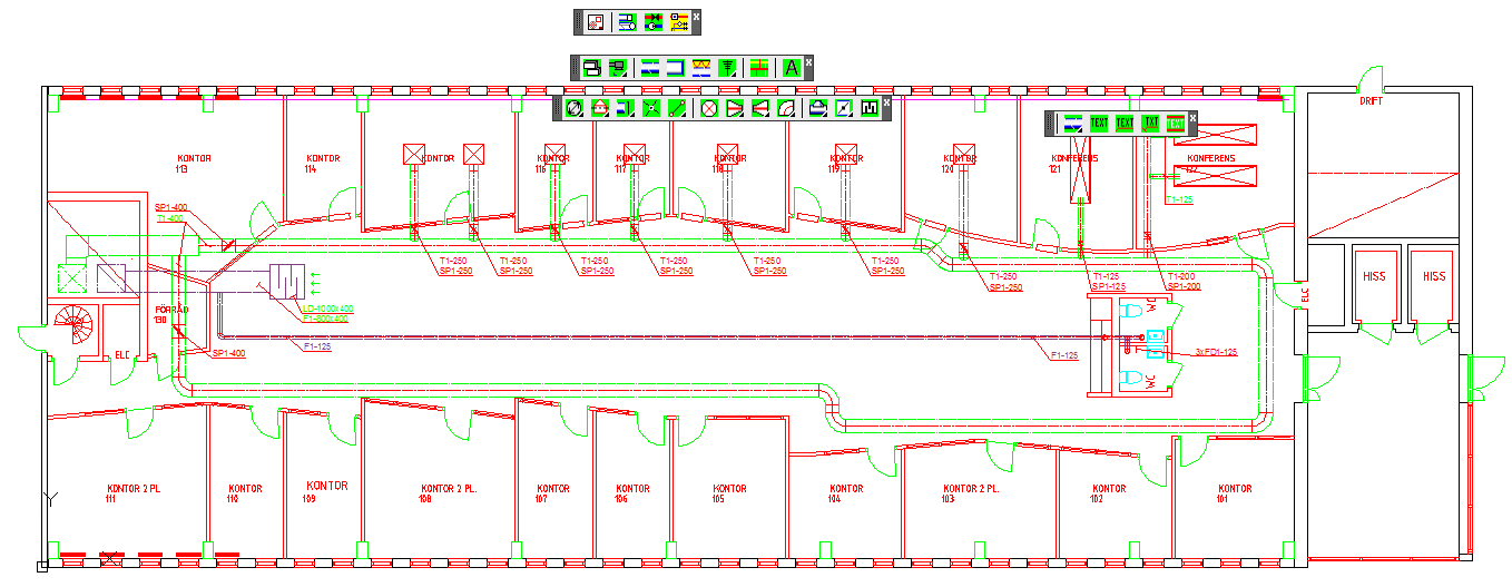 103 ÖVNING 4 RITA ETT 570 VENTILATIONSSYSTEM. Exempelbeskrivning: Ett ventilationssystem skall skapas. Rita systemet enl ovan. Öppna en ny fil. Spara filen med namn enlig ovan. V570_P020.