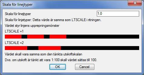 Om filen har värdet 1.0 för LTSCALE kommer frågan om ritningskala fram automatiskt. 47 Sätt värdet till 50 alt 100 (där det står 1.0) för att ge utskriften skala 1:50 alt 1:100.