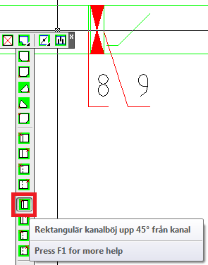 59 Aktivera verktygsfältet cirkulärt kanalsnitt. Hämta symbolen Tunn snittmarkering 45 tilluft. Placera denna i punkt 4.