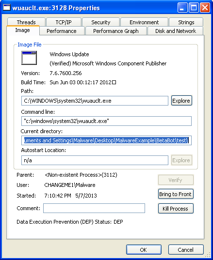 Fig 11. Information om modifierad wuauclt.exe. 4.4.3 Automatiserad analys Den automatiserade analysen utför kombinerad statisk och dynamisk analys med de inbyggda verktygen som finns i Cuckoo Sandbox.