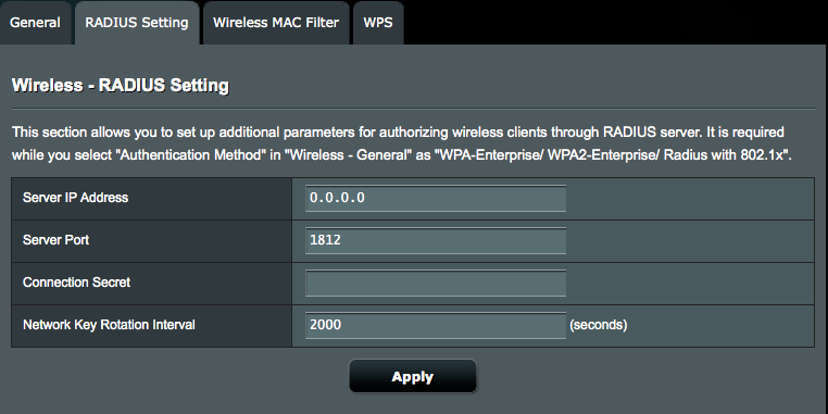 4.1.2 RADIUS-inställning RADIUS-inställningen (Remote Authentication Dial In User Service) ger ett extra säkerhetslager när du väljer WPA-Enterprise, WPA2- Enterprise eller Radius med 802.