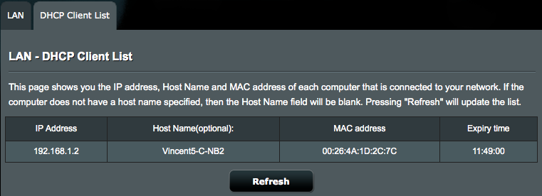 4.2.2 DHCP-klientlista Skärmen för DHCP-klientlistan visar DHCP-klientinformation. Klicka på Refresh (Uppdatera) för att uppdatera den anslutna klientlistan. 4.