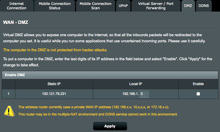 4.3.6 DMZ Virtuell DMZ exponerar en klient för Internet, och tillåter klienten att ta emot alla inkommande paket som dirigeras till ditt LAN.