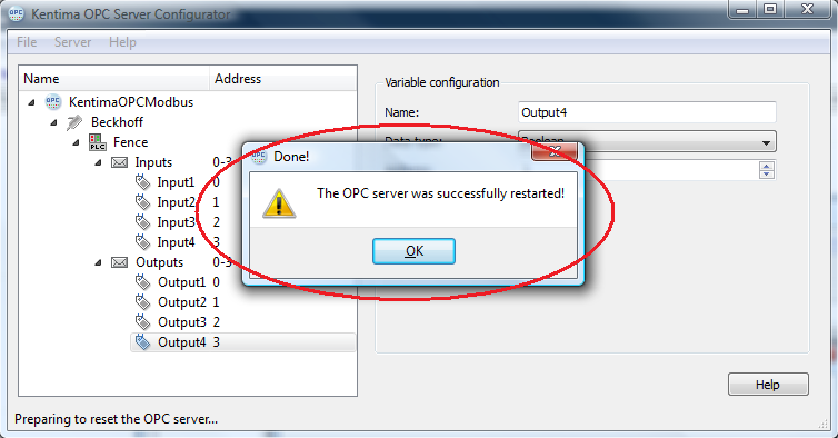 Integration med Ethiris Modbus OPC Server Modbus OPC Server Figur 4.19 Spara den nya konfigurationen. Ett meddelande visas som informerar om att OPC-servern har startats om.