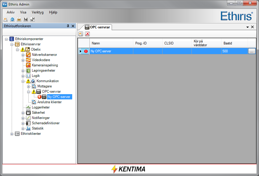 Modbus OPC Server Modbus OPC Server Integration med Ethiris Figur 4.21 Panelen OPC Servers i Ethiris Admin. Skapa en ny OPC-Server genom att klicka på knappen New OPC Server (Ny OPC-Server). Figur 4.22 Ny OPC-Server skapad.