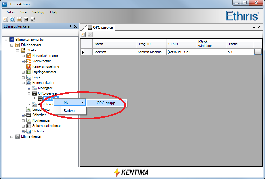 Integration med Ethiris Modbus OPC Server Modbus OPC Server Figur 4.23 Välj Kentima OPC server for Modbus Högerklicka på den nya noden i trädvyn och välj New->OPC Group (Ny-OPCgrupp) i popupmenyn.