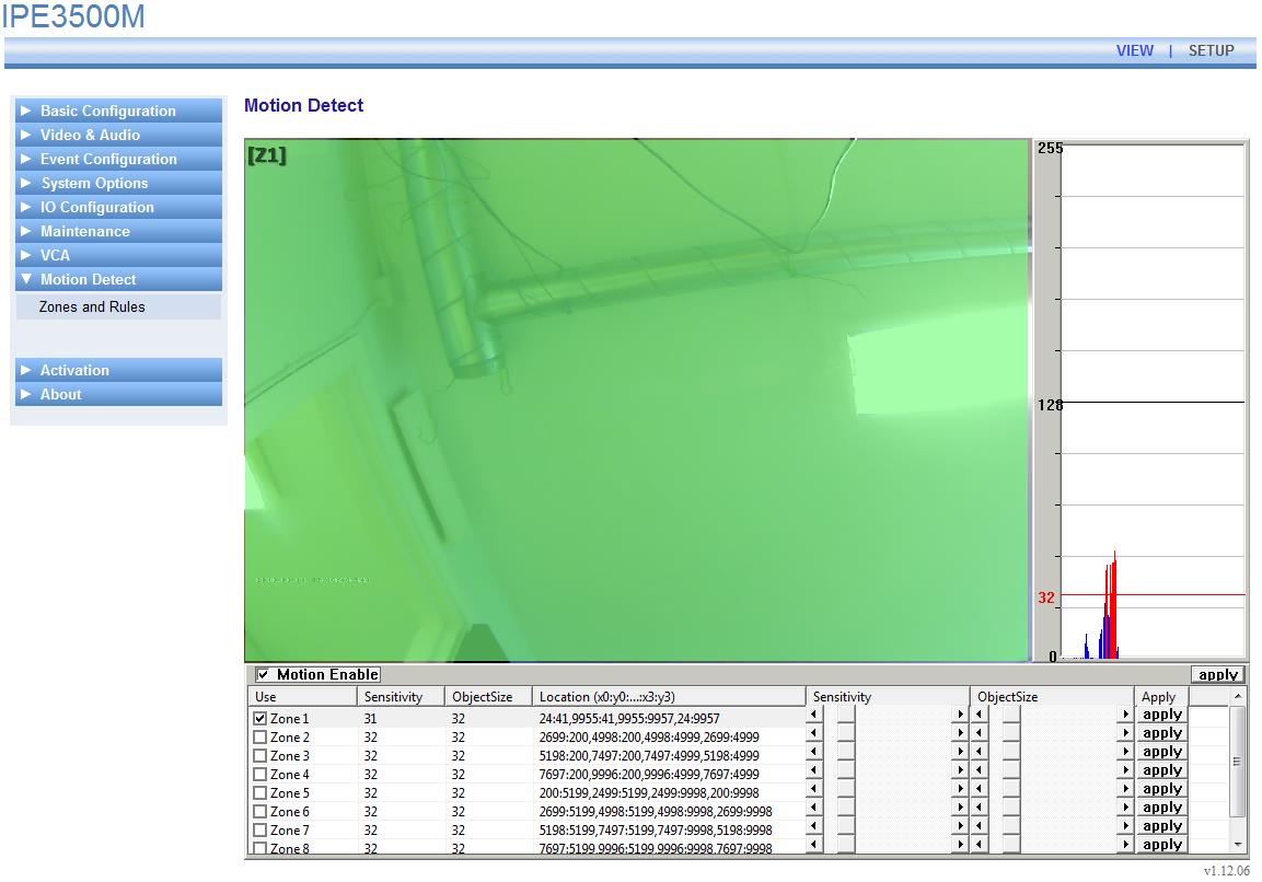 5 Konfiuration av Motion Detection i kameran I detta fall använder vi bara en zon (Z1) i kameran och den täcker hela kamerabilden (den gröna ytan).
