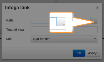 Lägg till en ny fil En fil måste först laddas upp till systemet (webbservern) för att finnas tillgänglig. Sedan skapar man en länk från editorn till den uppladdade filen.