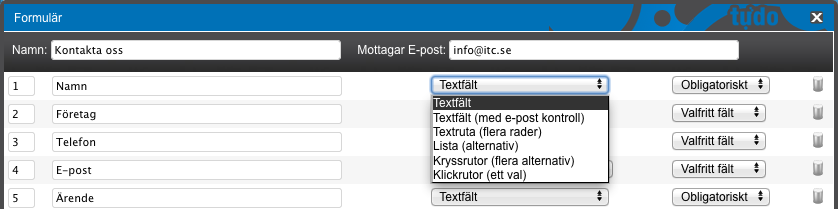 Klicka sen på spara så uppdateras sidan med det fält du precis skapat, och en ny tom-rad visas för att skapa fler fält.