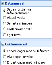 Frånvaro Under menyalternativet Frånvaro kan tre möjliga funktioner finnas tillgängliga beroende på vad skolan valt att aktivera. Dessa är Ta del av frånvaro, Frånvaroanmälan och Grafisk översikt.