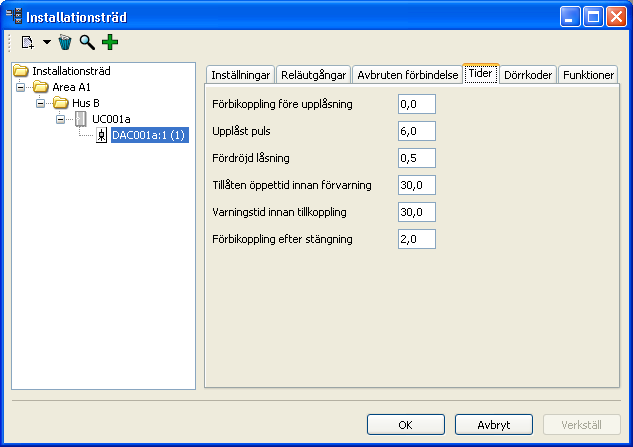 Installationsträd med DAC, fliken Avbruten förbindelse Fliken Tider Under denna flik kan man ange ett antal olika tidsinställningar för DAC:en: Förbikoppling före upplåsning Upplåst puls (öppettiden