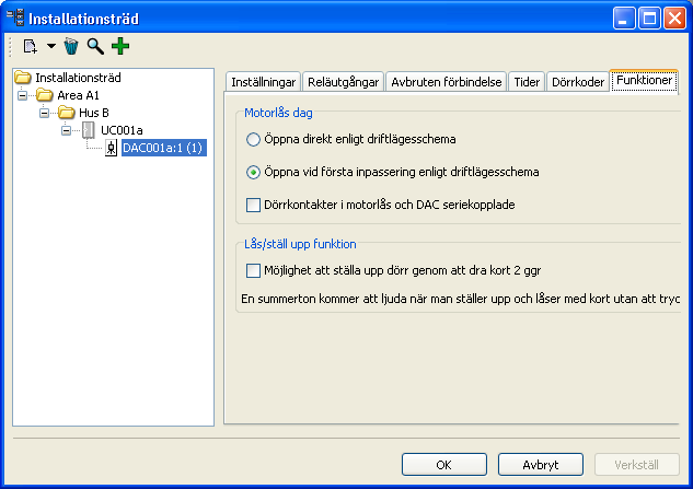 Fliken Funktioner Under denna flik kan man ange ett antal parametrar för dörrar.