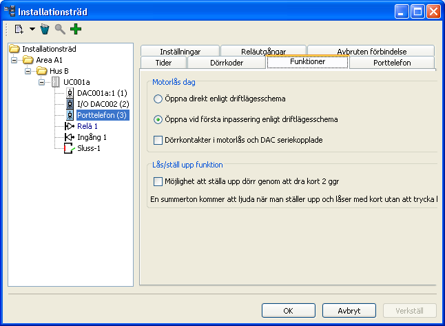 Fliken Funktioner Under denna flik kan man ange ett antal parametrar för dörrar.