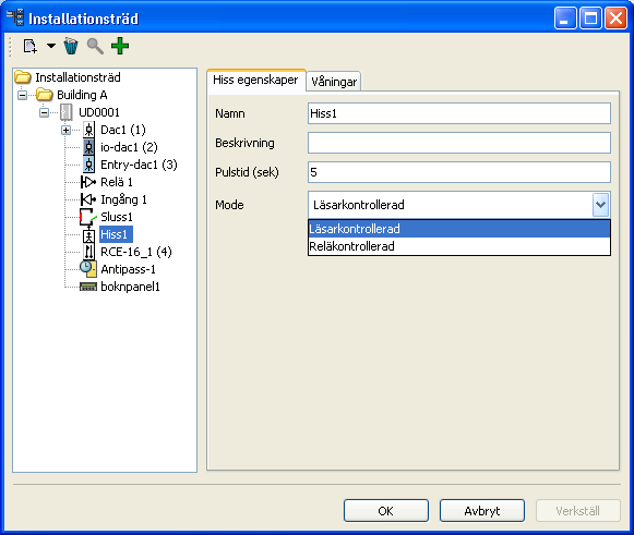 Fliken Hissegenskaper Under fliken Hissegenskaper anges Namn på hissenheten, en kort Beskrivning, Pulstid (i sekunder) och vilket Mode (styrsätt) som hissen ska arbeta efter.