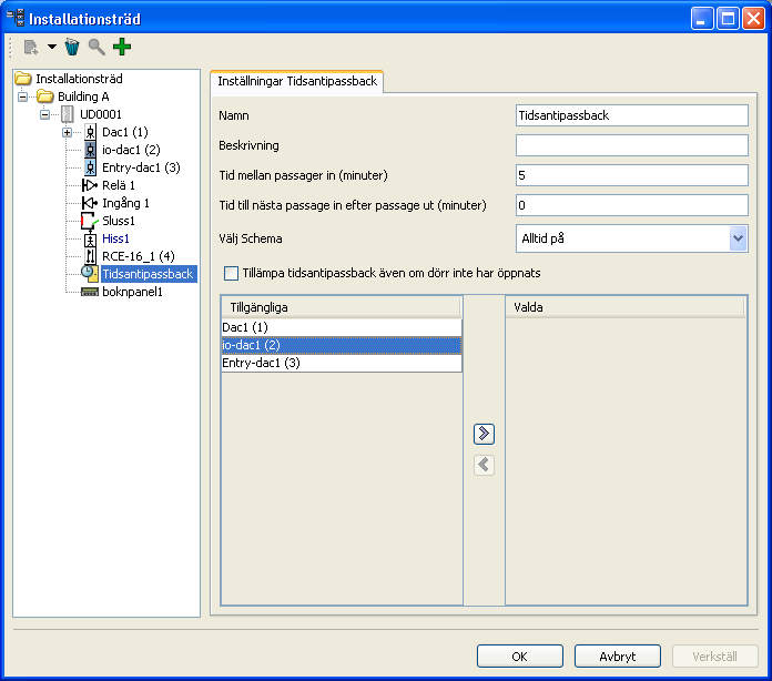 OBS! Vid passage ut genom en dörr kommer inställningarna för passage in att åsidosättas och istället gäller inställningsalternatvet Tid till nästa passage in efter passage ut.