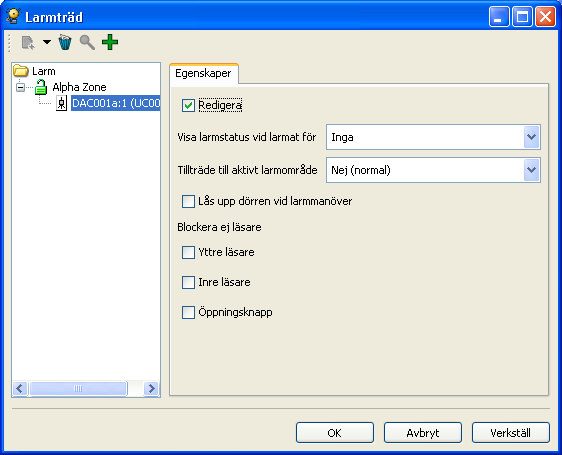 Larmträdet med en larmzon, fliken Ingångsinställningar aktiv Larminställningar av DAC För den DAC som ingår i en zon finns ett antal inställningsalternativ.