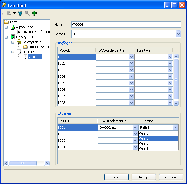 Larmträdet med val av RIO-ingång för DAC markerat VRIO-utgångar För de fyra RIO-utgångar som hör till en VRIO anger man vilken typ av utgång det är (DAC eller Undercentral) och sedan vilket relä som