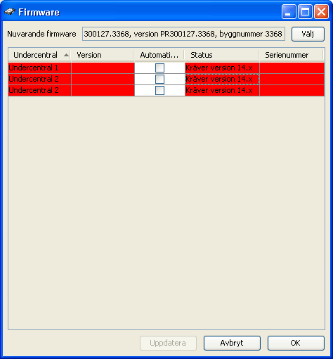 Firmware Om Firmware Med Firmware-funktionen kan man i Arx Klient kontrollera vilken firmwareversion som är installerad samt även uppdatera de anslutna undercentralernas firmware.