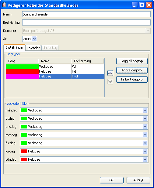 Fliken Inställningar Under fliken Inställningar kan man dels lägga till och ändra olika Dagtyper, och