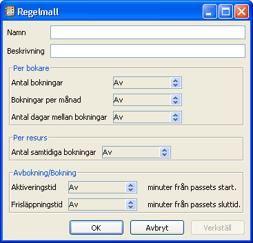 Regelmallar Med hjälp av funktionen Regelmallar har man möjlighet att skapa regelmallar. Dessa mallar är ett sätt att fördefiniera hur regler kopplade till bokningarna i systemet ska vara utformade.