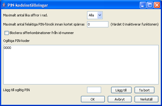 Övriga inställningar för Personer PIN-kodsinställningar Det finns en rad inställningsmöjligheter för hur PIN-koderna kan väljas för en person.