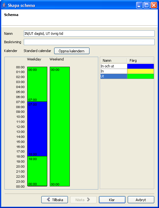 Fönstret Schema med fliken Behörighet aktiv Behörighetsschema Behörighetsscheman anger när In- och Utpassage för olika behörighetskategorier kan ske.