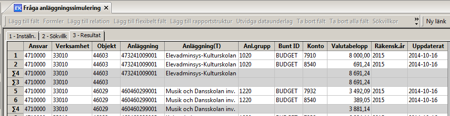 Den globala frågan är sorterad på ansvar, verksamhet objekt och anläggning. Det går bra att skapa privata varianter av frågan om en annan sortering eller delsummering önskas.