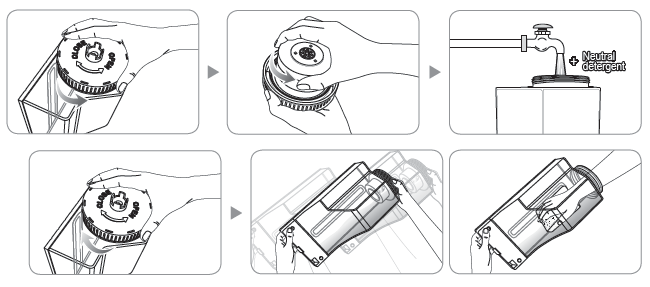 Svenska Rengöra vattentanken (dagligen) Ta bort vattentanken från sidan av produkten och öppna vattentankens lock i botten av tanken genom att vrida det moturs.