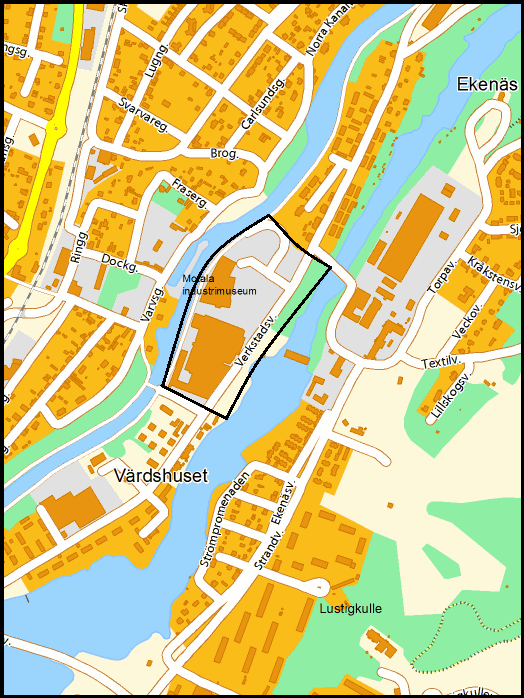 Undersökningsområdet berör två fastigheter, dels verkstadsområdet, Motala verkstad 1, som ägs av Motala kommun, dels delar av fastigheten Kanaljorden 1:54, som ägs av Tekniska Verken Linköping, längs