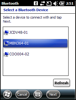 7 6 Användarhandbok till MC45 Bild 7 3 Sök efter Bluetooth-enheter 6. Välj en enhet på listan. Bild 7 4 Välj en Bluetooth-enhet 7. Tryck på Nästa.