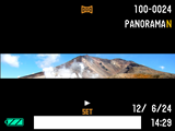 Visning av panoramabild 1. Tryck på [p] (uppspelning) och använd sedan [4] och [6] till att ta fram den panoramabild som ska visas. 2. Tryck på [SET] för att starta uppspelning av vald panoramabild.