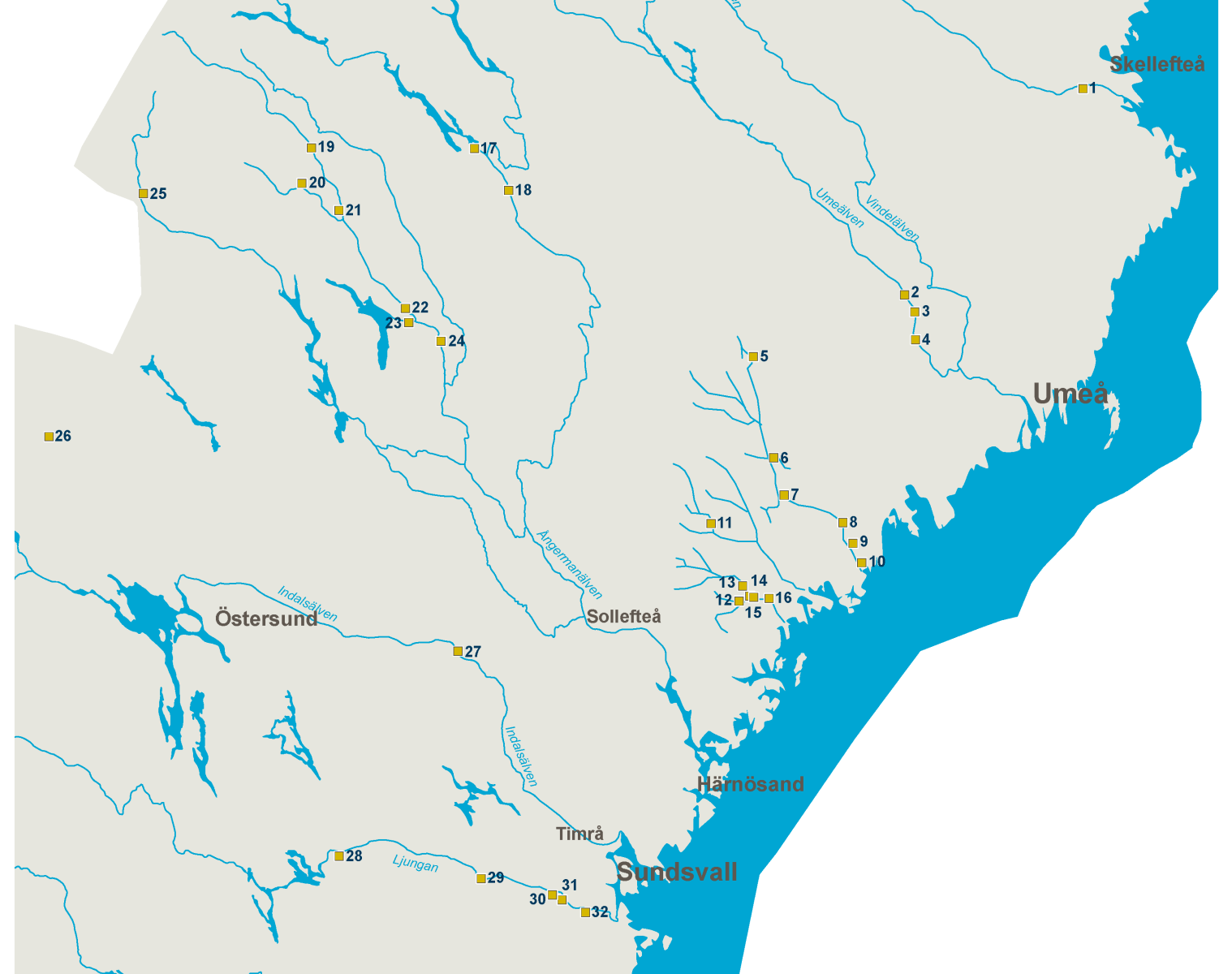 Kraftverksgrupper, Norr PGSÖ Kraftverksgrupp Öst PGSV Kraftverksgrupp Väst 1. Kvistforsen 12. Drömme 23. Klingerforsen 2. Bjurfors Övre 13. Sidensjö 24. Hoting 3. Bjurfors Nedre 14. Brynge 25.